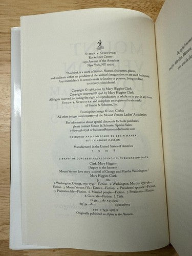 SIGNED Mount Vernon Love Story Mary Higgins Clark  250th Anniversary