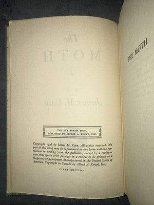 James M. Cain The Moth First Edition 1948 Vintage Literary Fiction Novel