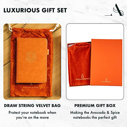 A4 Lined Notepad by Avocado and Spice�Faux Leather Hard Back Notebook Lined with Gift Box & Velvet Bag � Writing Pads A4 Lined - Bookmark, Elastic Strap, Pen Holder, 200 Thick Page (Orange, Lined)