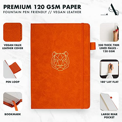 A4 Lined Notepad by Avocado and Spice�Faux Leather Hard Back Notebook Lined with Gift Box & Velvet Bag � Writing Pads A4 Lined - Bookmark, Elastic Strap, Pen Holder, 200 Thick Page (Orange, Lined)