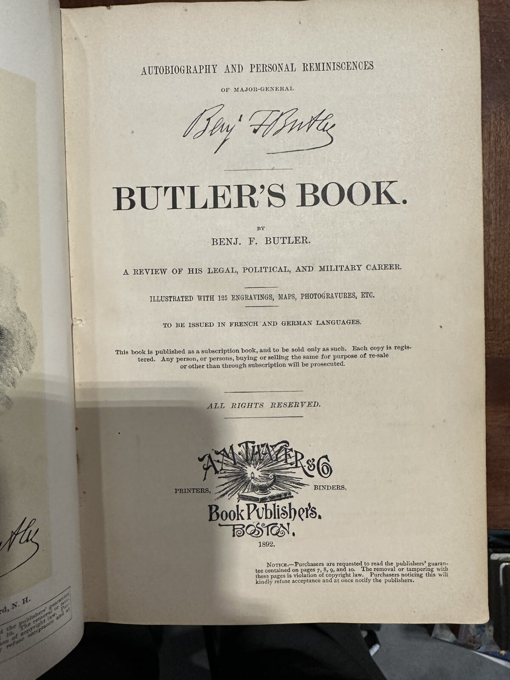 Butler's Book 1892 SIGNED by Benjamin F Butler Presentation Copy Civil War