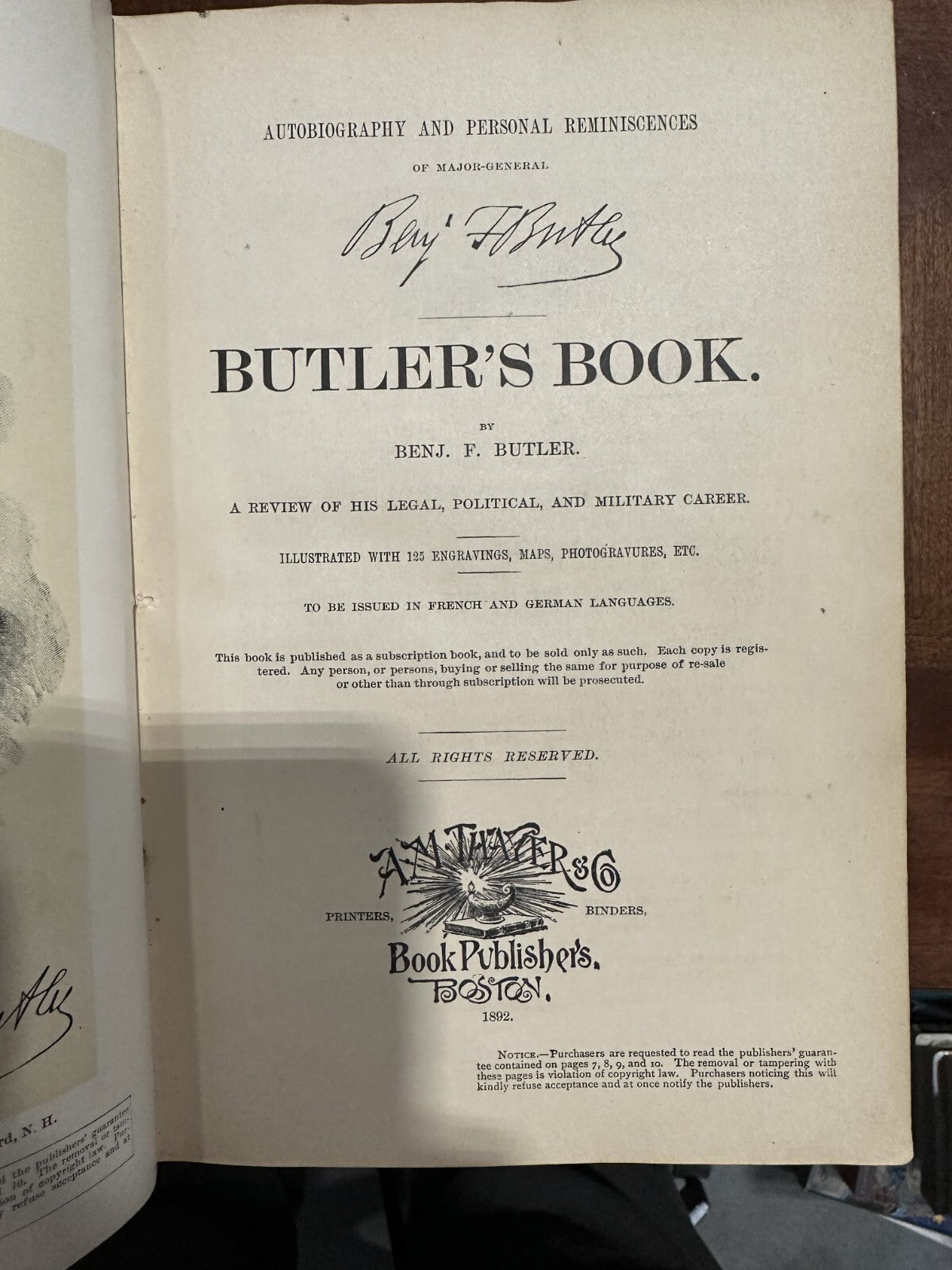 Butler's Book 1892 SIGNED by Benjamin F Butler Presentation Copy Civil War