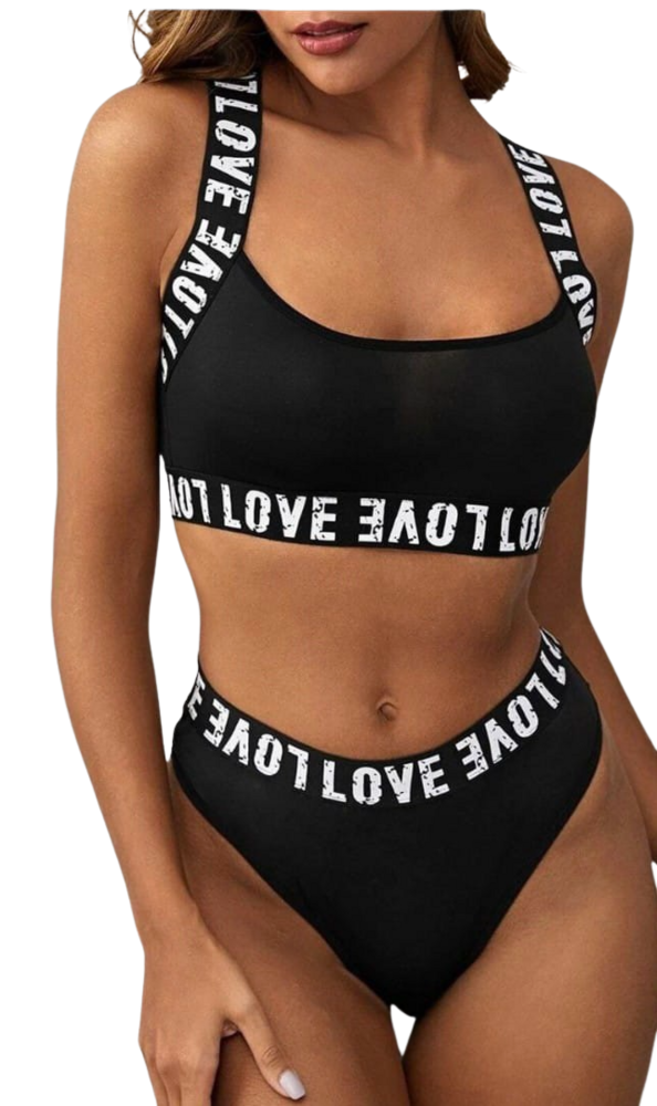 ROMWE Women's Criss Cross "Love" Letter Tape Sexy Bra and Panty Set