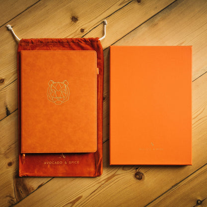 A4 Lined Notepad by Avocado and Spice�Faux Leather Hard Back Notebook Lined with Gift Box & Velvet Bag � Writing Pads A4 Lined - Bookmark, Elastic Strap, Pen Holder, 200 Thick Page (Orange, Lined)