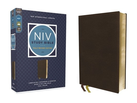 NIV Study Bible, Fully Revised Edition (Study Deeply. Believe Wholeheartedly.), Genuine Leather, Calfskin, Brown, Red Le