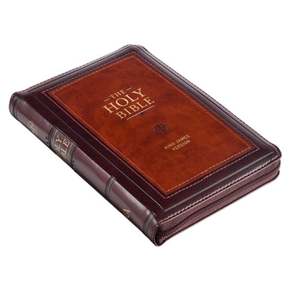 KJV Bible Compact (Faux Leather, Burgundy/Saddle Tan W/Zipper)