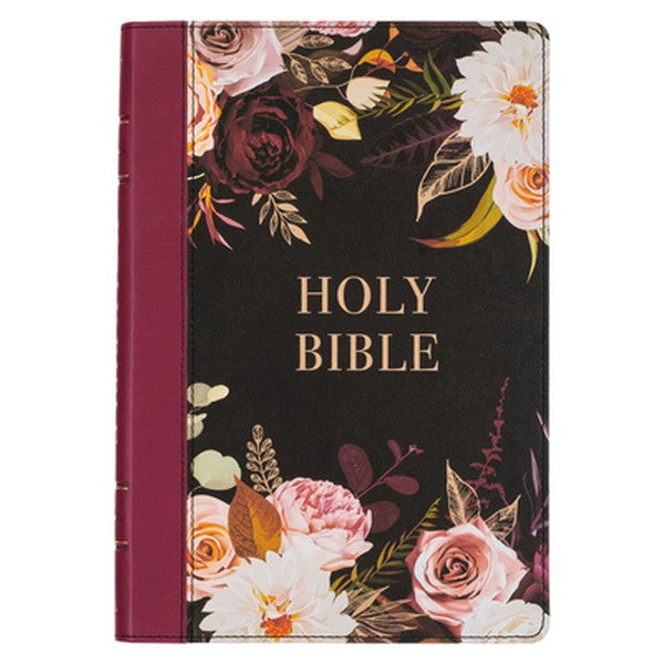 KJV Bible Thinline Large Print (Faux Leather, Black Floral Printed/Burgundy)
