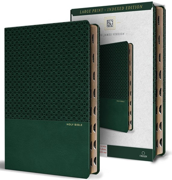 KJV Holy Bible, Large Print, Handy Size Format, Green Premium Imitation Leather with Ribbon Marker, Red Letter, Thumb In