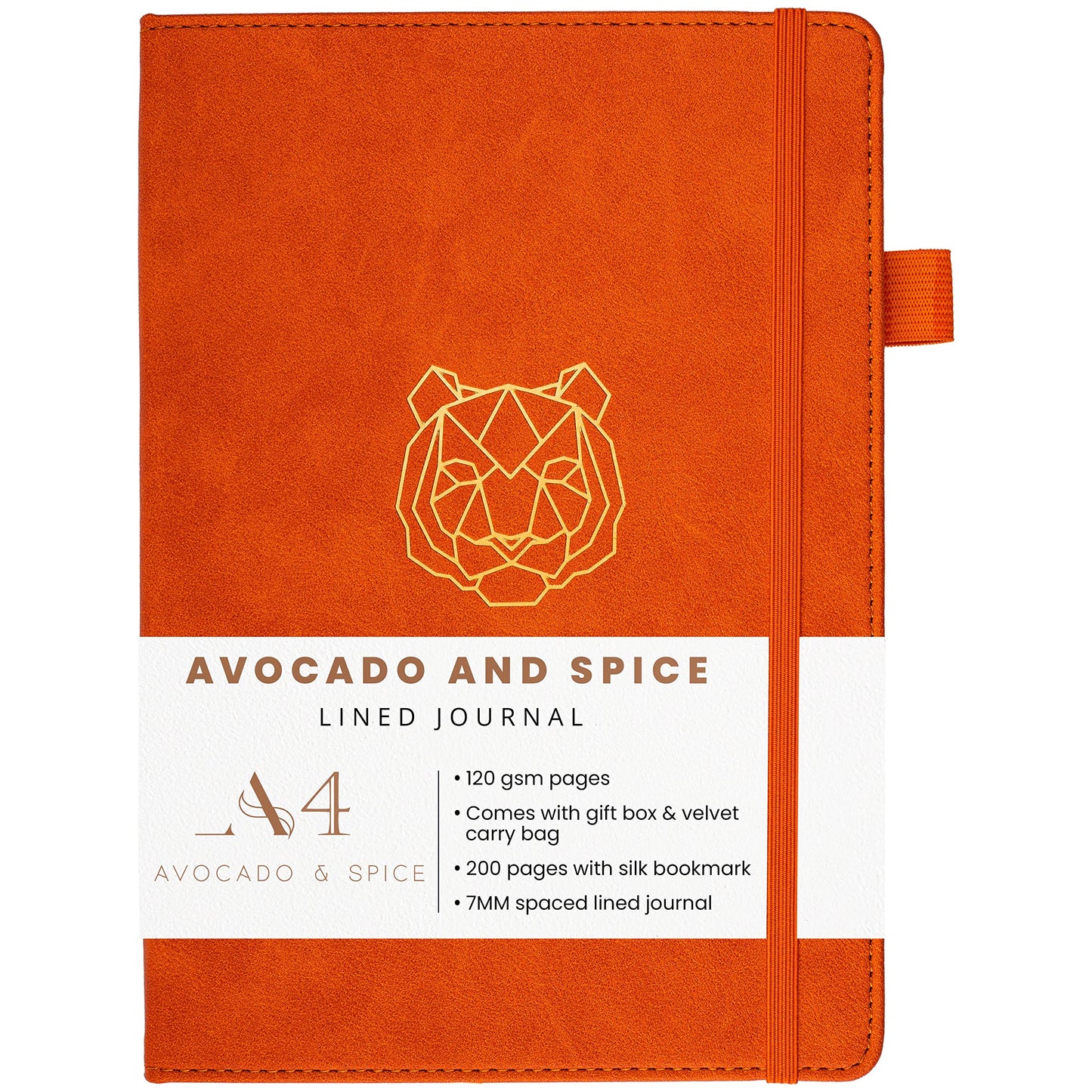 A4 Lined Notepad by Avocado and Spice�Faux Leather Hard Back Notebook Lined with Gift Box & Velvet Bag � Writing Pads A4 Lined - Bookmark, Elastic Strap, Pen Holder, 200 Thick Page (Orange, Lined)