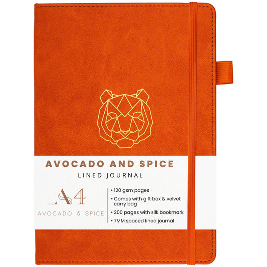 A4 Lined Notepad by Avocado and Spice�Faux Leather Hard Back Notebook Lined with Gift Box & Velvet Bag � Writing Pads A4 Lined - Bookmark, Elastic Strap, Pen Holder, 200 Thick Page (Orange, Lined)