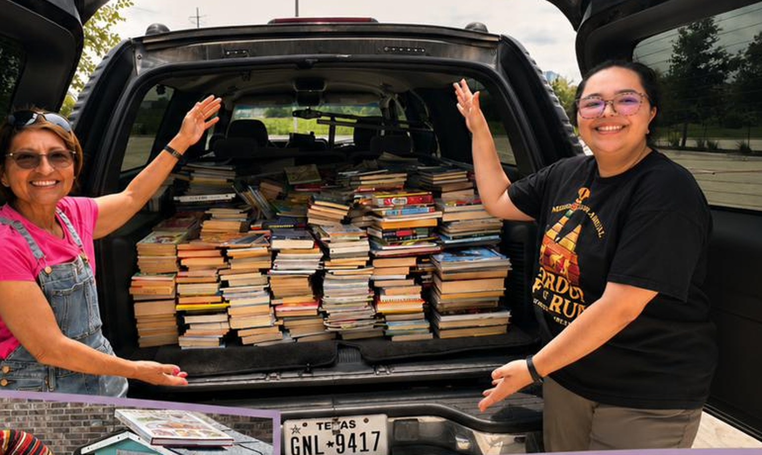 Two volunteers beside an SUV packed with stacks of donated books